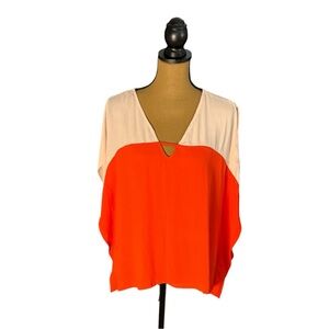 Cache Colorblock Poncho Blouse Womens Medium Sheer Top Coral Pink Resortcore NWT